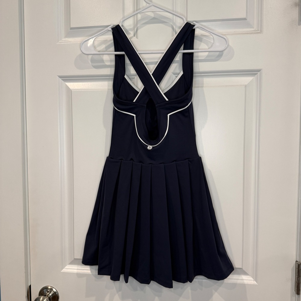 AS Revival Navy Blue Tennis Dress Pleated Skirt Cross Back White Trim Size XXS - Picture 5 of 7